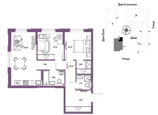 Планировка 3-комн. квартира, 67.01 м² ЖК «Европейский берег 2.0»