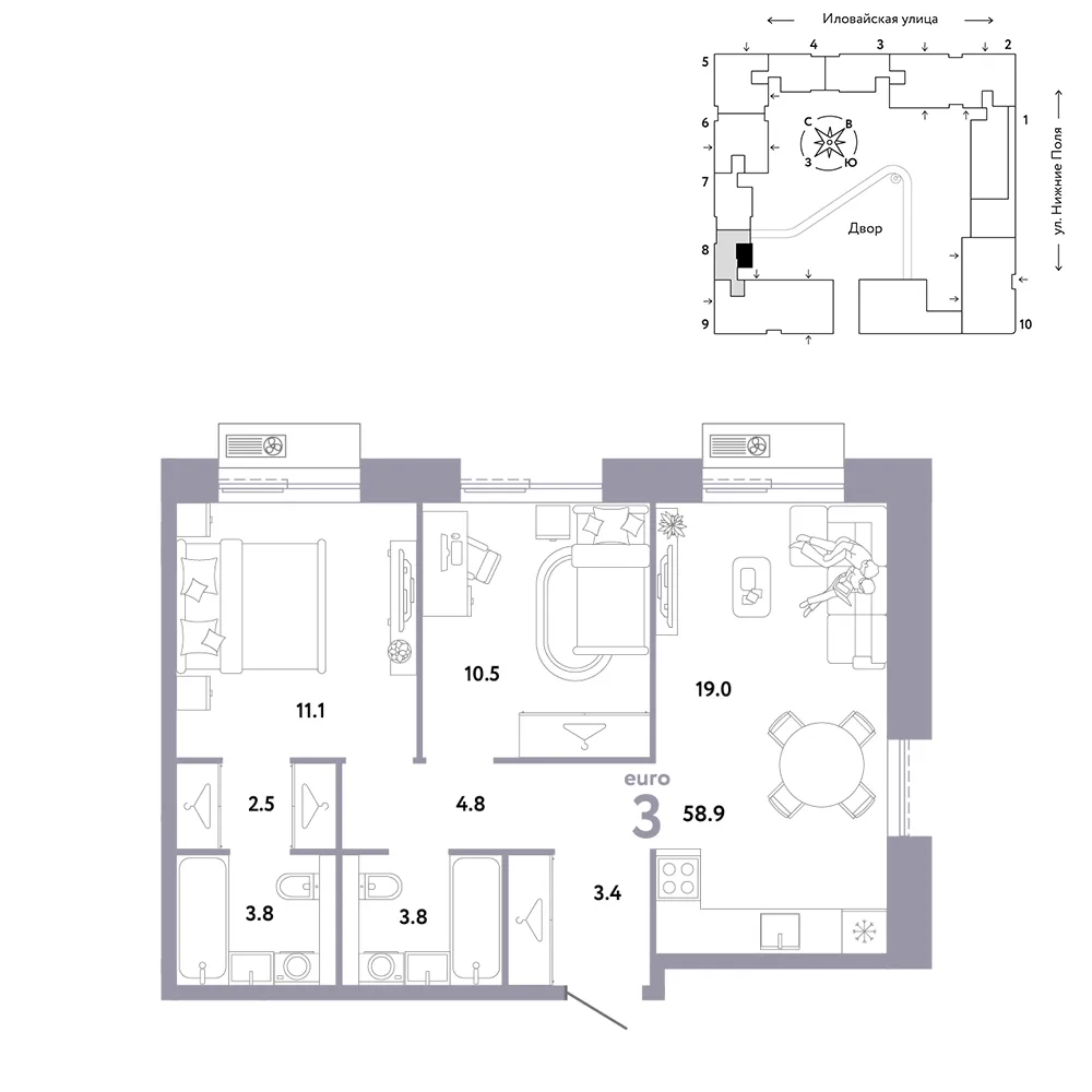 Планировка 3-комн. квартира, 58.9 м² ЖК «Страна.Заречная»