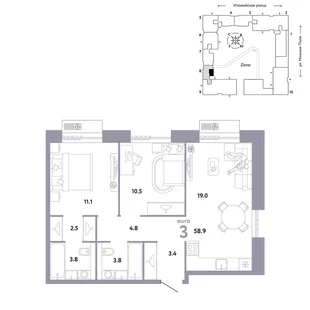 Планировка 3-комн. квартира, 58.9 м² ЖК «Страна.Заречная»