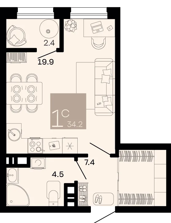 Планировка 1-комн. квартира, 34.2 м² ЖК «Хозяин морей»