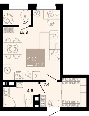 Планировка 1-комн. квартира, 34.2 м² ЖК «Хозяин морей»