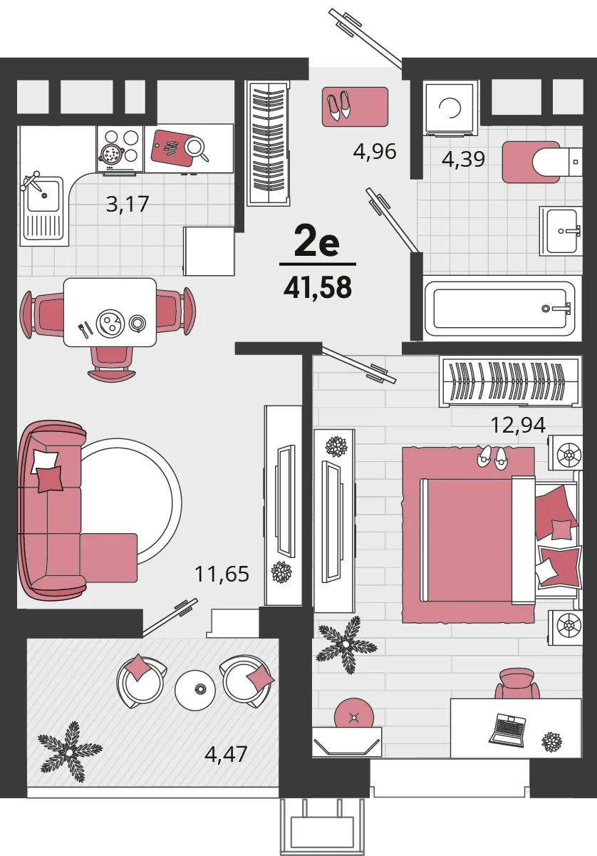 Планировка 2-комн. квартира, 41.58 м² ЖК «Родные просторы»