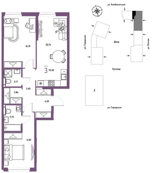 Планировка 3-комн. квартира, 70.5 м² ЖК «Уральский сад»