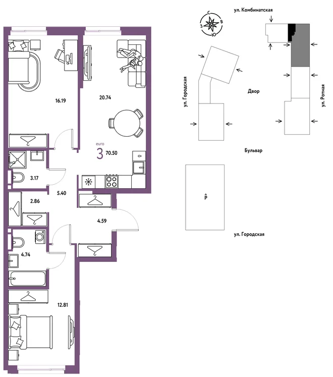 Планировка 3-комн. квартира, 70.5 м² ЖК «Уральский сад» Планировка 3-комн. квартира, 70.5 м² ЖК «Уральский сад»