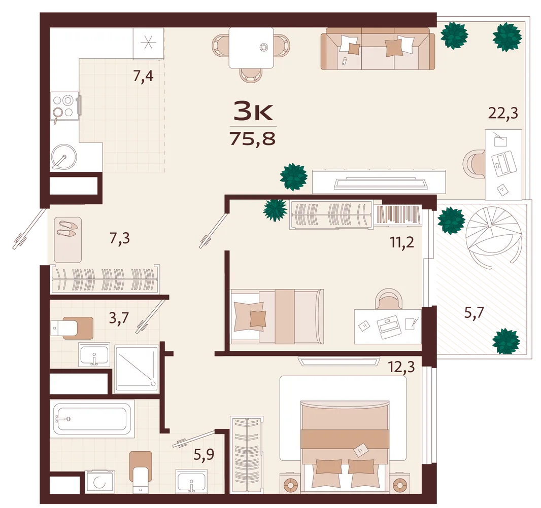 Планировка 3-комн. квартира, 75.8 м² ЖК «Роялта»