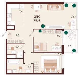 Планировка 3-комн. квартира, 75.8 м² ЖК «Роялта»