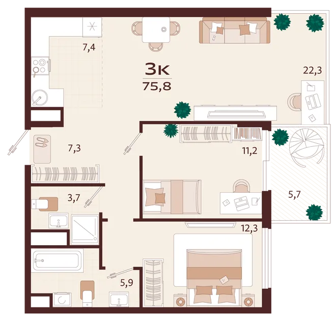 Планировка 3-комн. квартира, 75.8 м² ЖК «Роялта» Планировка 3-комн. квартира, 75.8 м² ЖК «Роялта»