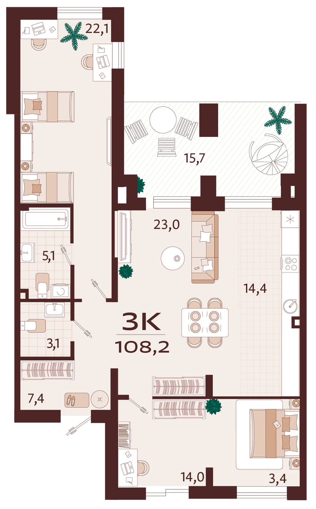 Планировка 3-комн. квартира, 108.2 м² ЖК «Роялта»