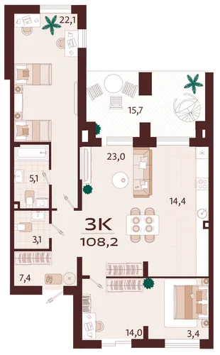 Планировка 3-комн. квартира, 108.2 м² ЖК «Роялта»