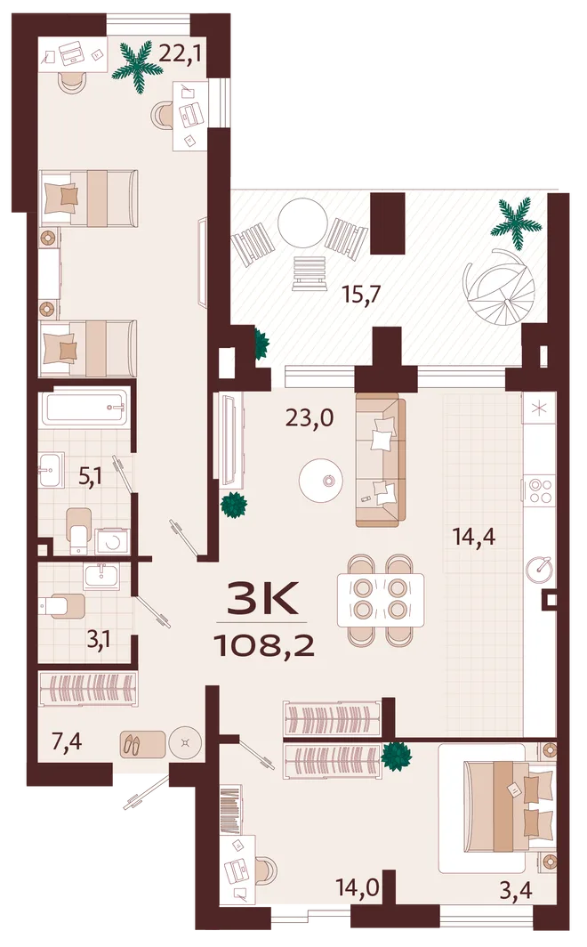 Планировка 3-комн. квартира, 108.2 м² ЖК «Роялта» Планировка 3-комн. квартира, 108.2 м² ЖК «Роялта»