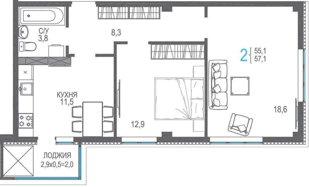 Планировка 2-комн. квартира, 59.1 м² ЖК «Центрпарк»