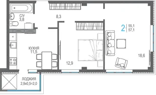 Планировка 2-комн. квартира, 59.1 м² ЖК «Центрпарк»