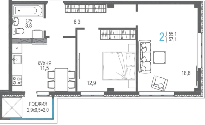 Планировка 2-комн. квартира, 59.1 м² ЖК «Центрпарк»