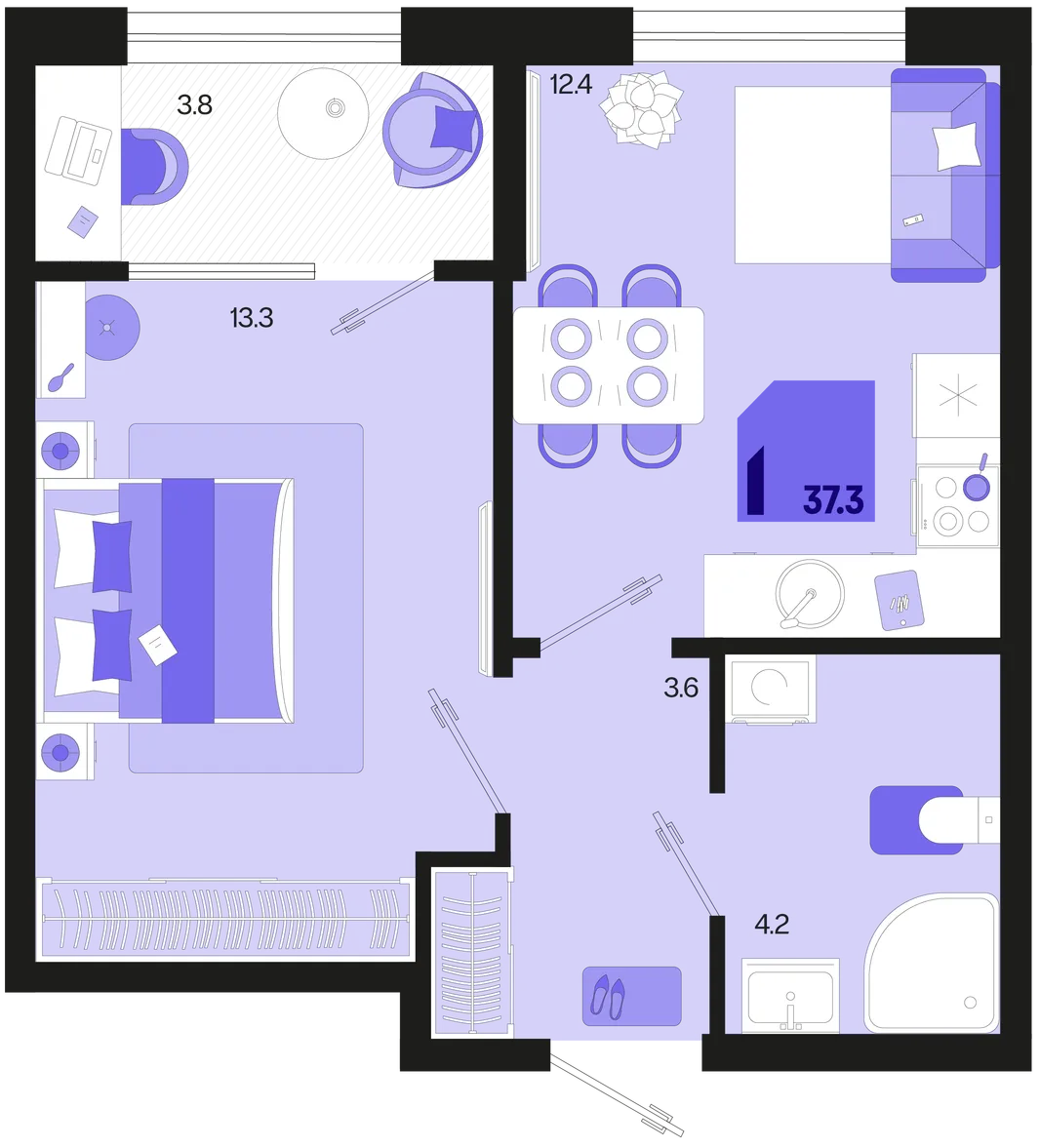 Планировка 1-комн. квартира, 37.3 м² ЖК «Первое место»