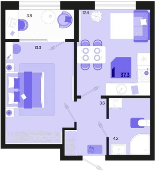 Планировка 1-комн. квартира, 37.3 м² ЖК «Первое место»