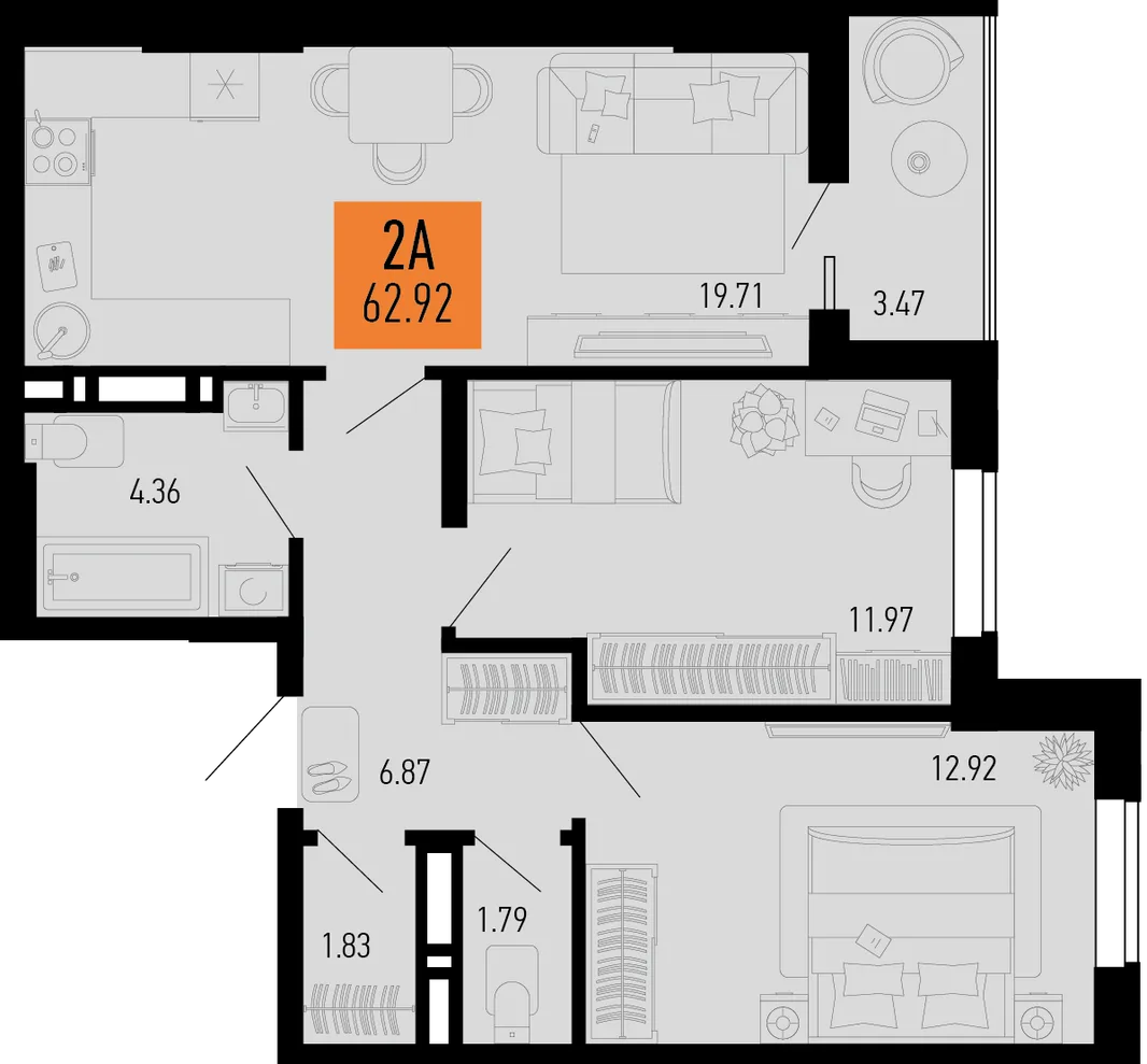 Планировка 2-комн. квартира, 62.92 м² ЖК «Столицыно»