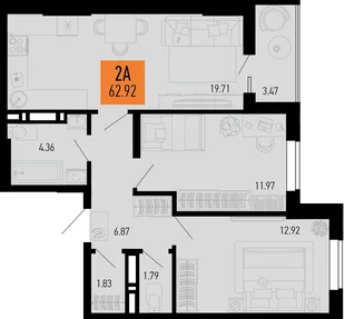Планировка 2-комн. квартира, 62.92 м² ЖК «Столицыно»