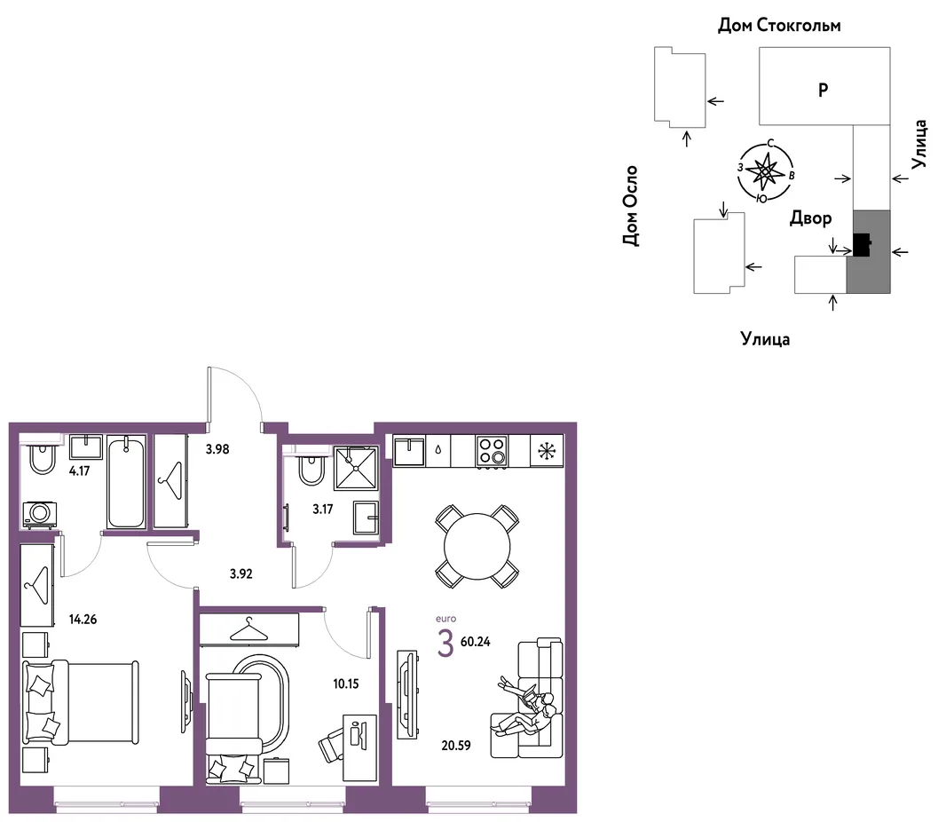 Планировка 3-комн. квартира, 60.24 м² ЖК «Европейский берег 2.0»
