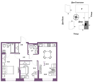 Планировка 3-комн. квартира, 60.24 м² ЖК «Европейский берег 2.0»