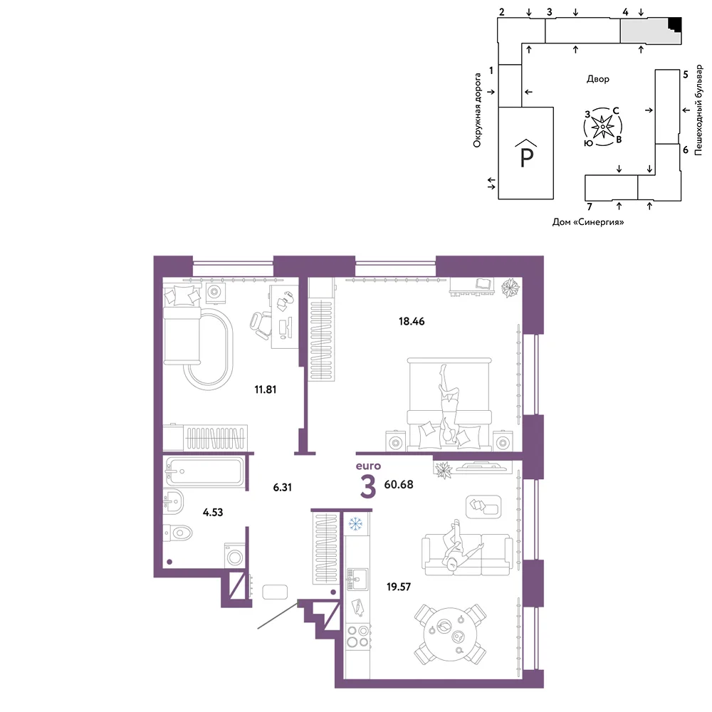Планировка 3-комн. квартира, 60.68 м² ЖК «Юнион»