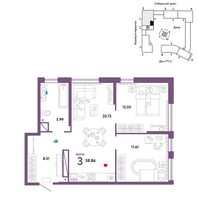 Планировка 3-комн. квартира, 58.86 м² ЖК «Сибирский сад» Планировка 3-комн. квартира, 58.86 м² ЖК «Сибирский сад»