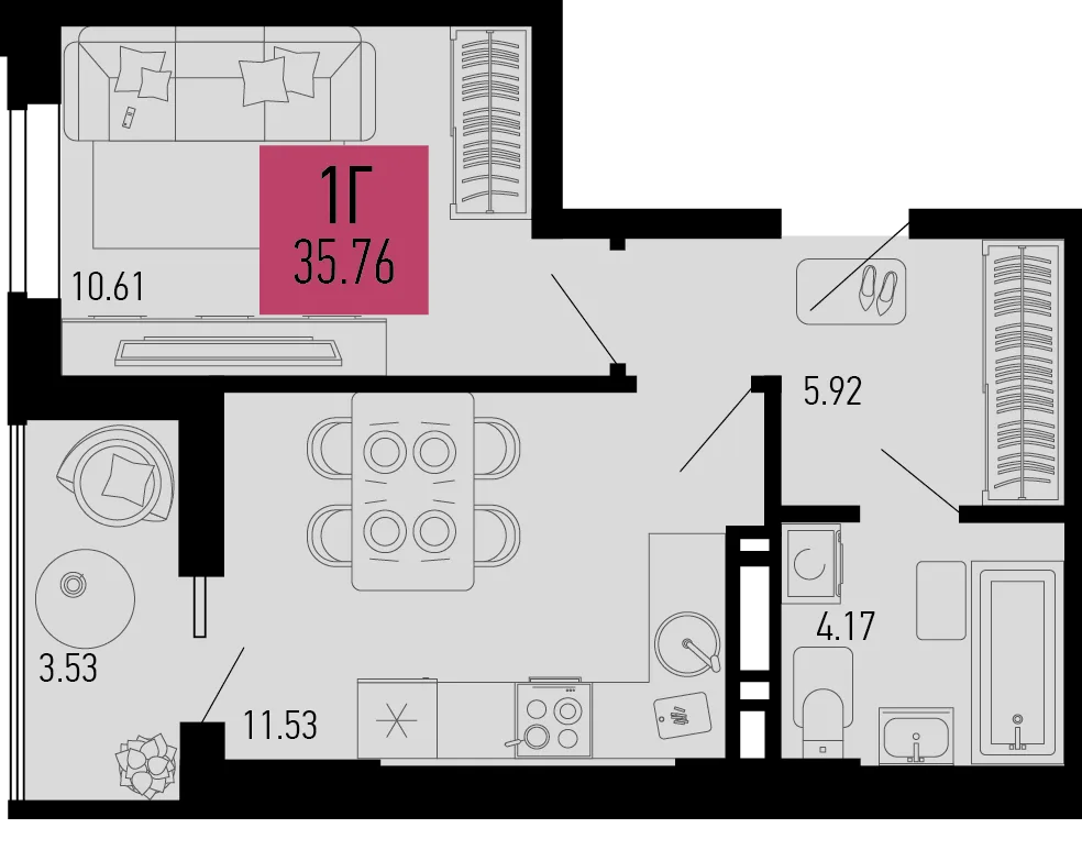 Планировка 1-комн. квартира, 35.76 м² ЖК «Столицыно»