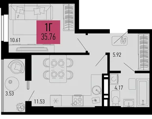Планировка 1-комн. квартира, 35.76 м² ЖК «Столицыно»