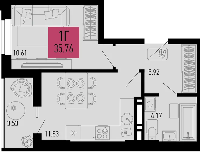 Планировка 1-комн. квартира, 35.76 м² ЖК «Столицыно» Планировка 1-комн. квартира, 35.76 м² ЖК «Столицыно»