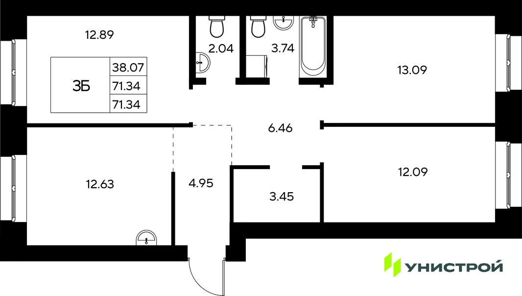 Планировка 3-комн. квартира, 71.34 м² ЖК «Царёво City»