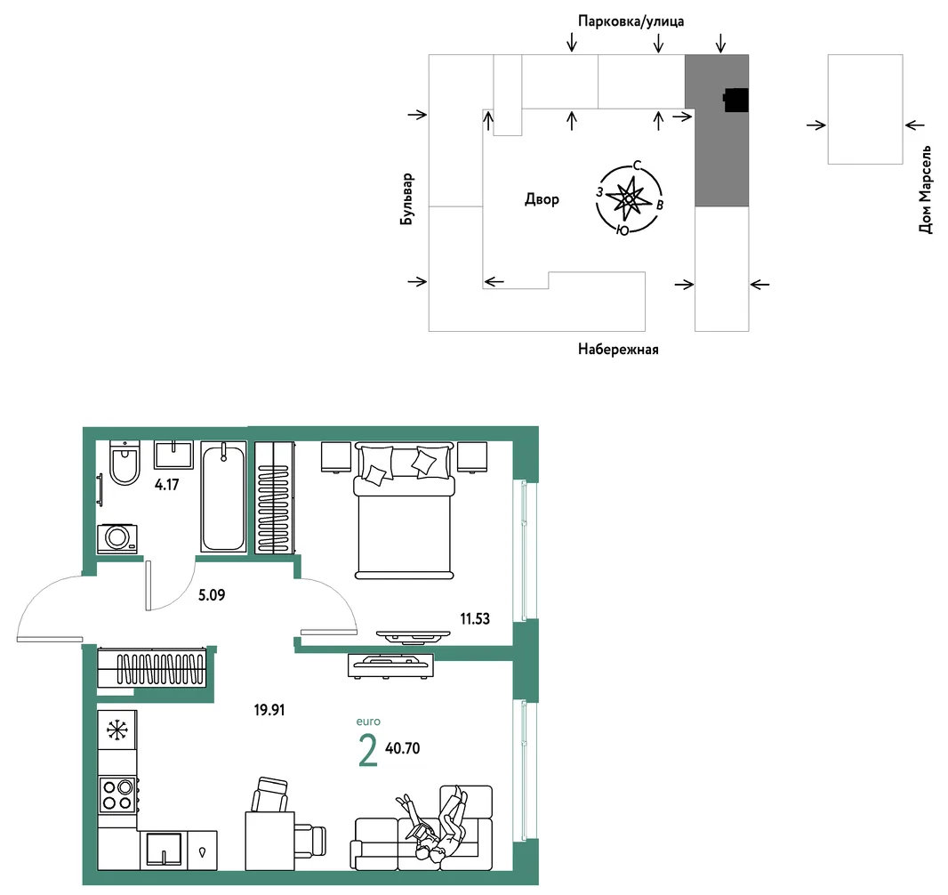 Планировка 2-комн. квартира, 40.7 м² ЖК «Европейский берег 2.0»
