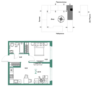 Планировка 2-комн. квартира, 40.7 м² ЖК «Европейский берег 2.0»
