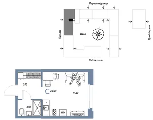 Планировка Студия, 24.09 м² ЖК «Европейский берег 2.0»