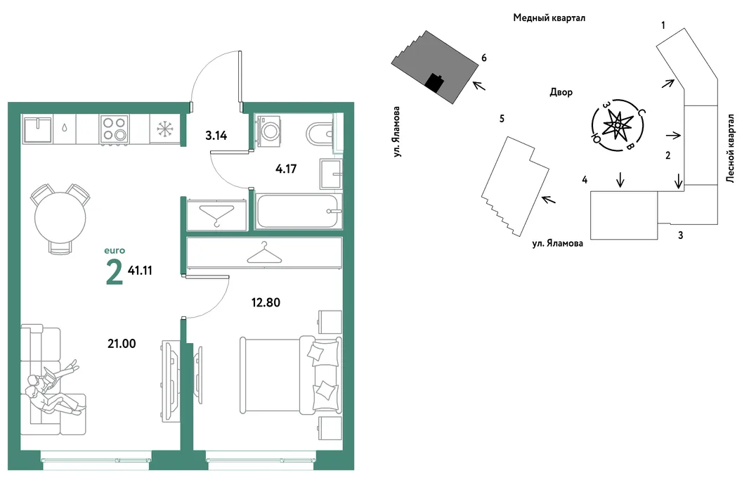 Планировка 2-комн. квартира, 41.11 м² ЖК «Сибирский сад»