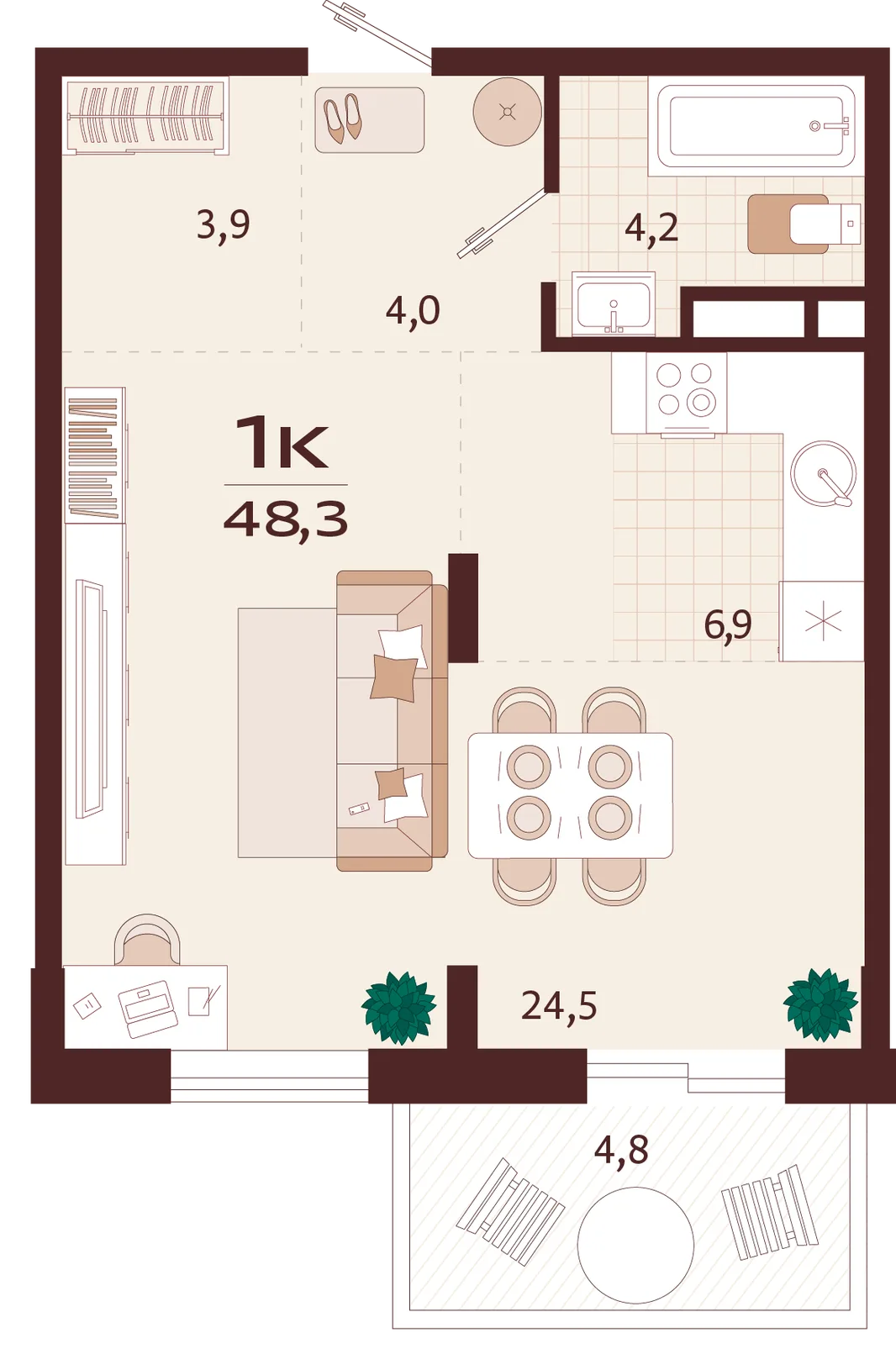 Планировка 1-комн. квартира, 48.3 м² ЖК «Роялта»