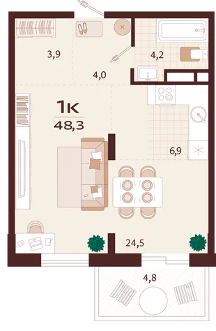 Планировка 1-комн. квартира, 48.3 м² ЖК «Роялта»