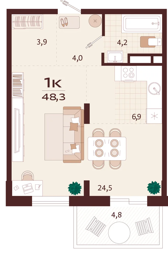 Планировка 1-комн. квартира, 48.3 м² ЖК «Роялта» Планировка 1-комн. квартира, 48.3 м² ЖК «Роялта»