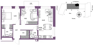 Планировка 3-комн. квартира, 68.99 м² ЖК «Авторский»