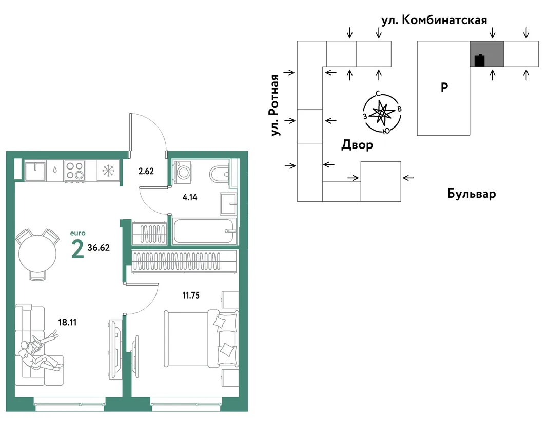 Планировка 2-комн. квартира, 36.37 м² ЖК «Уральский сад»