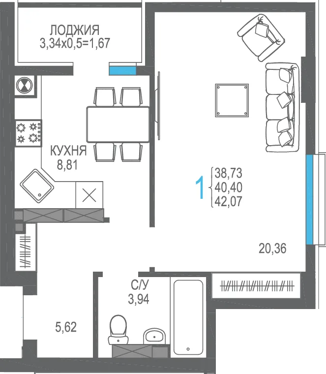 Планировка 1-комн. квартира, 40.4 м² ЖК «На Фонтанке»