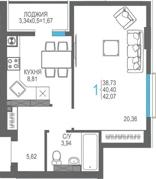 Планировка 1-комн. квартира, 40.4 м² ЖК «На Фонтанке»