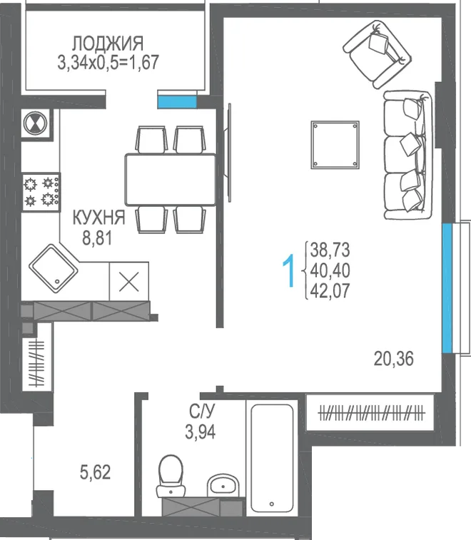 Планировка 1-комн. квартира, 40.4 м² ЖК «На Фонтанке» Планировка 1-комн. квартира, 40.4 м² ЖК «На Фонтанке»