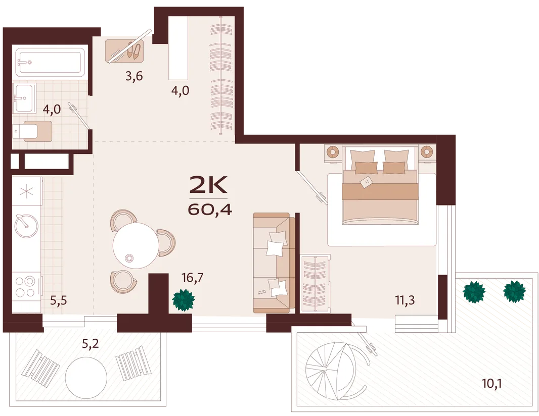 Планировка 2-комн. квартира, 60.4 м² ЖК «Роялта»