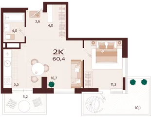 Планировка 2-комн. квартира, 60.4 м² ЖК «Роялта»