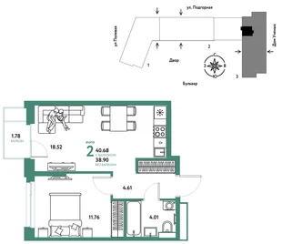 Планировка 2-комн. квартира, 40.77 м² ЖК «Авторский»