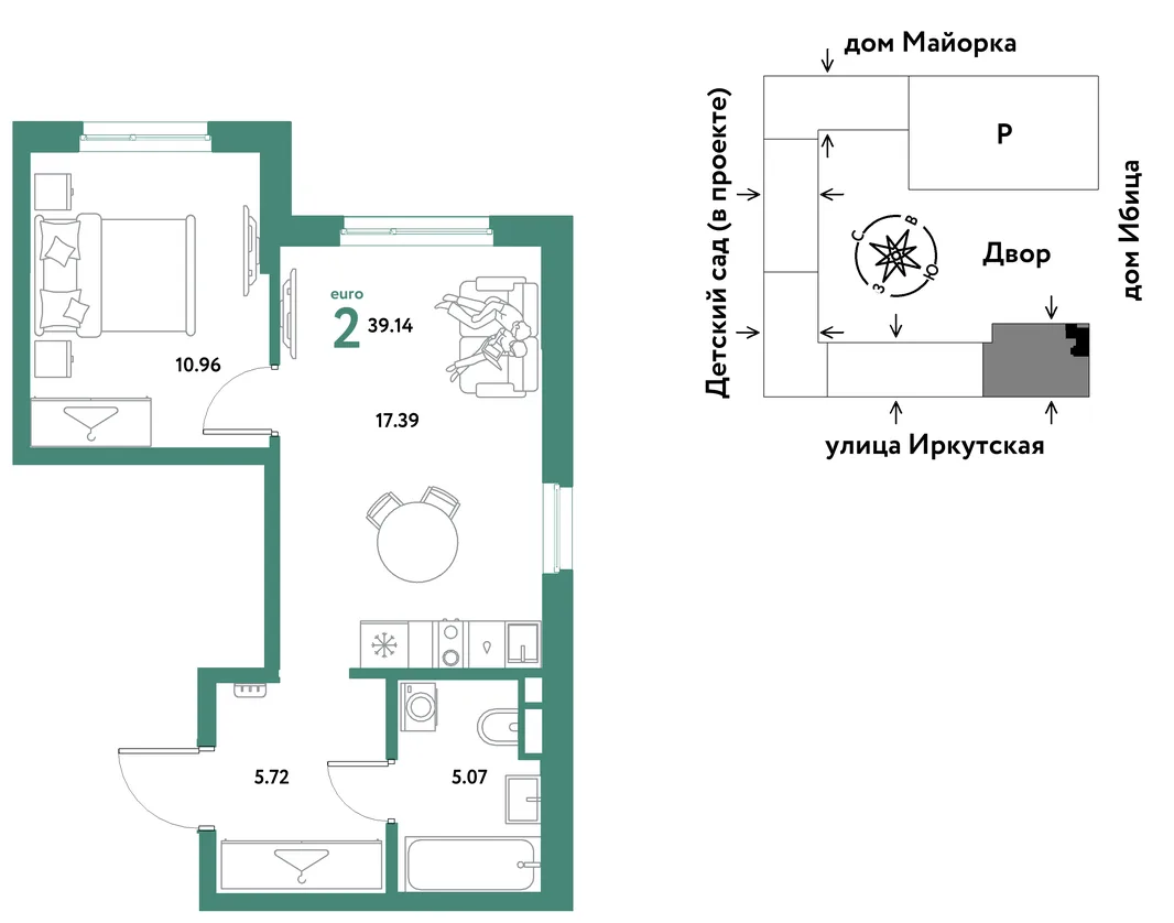 Планировка 2-комн. квартира, 39.14 м² ЖК «Остров-сад»
