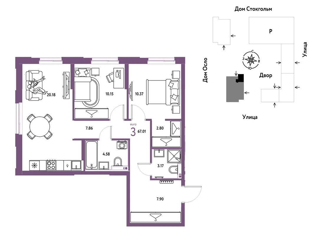 Планировка 3-комн. квартира, 67.01 м² ЖК «Европейский берег 2.0»