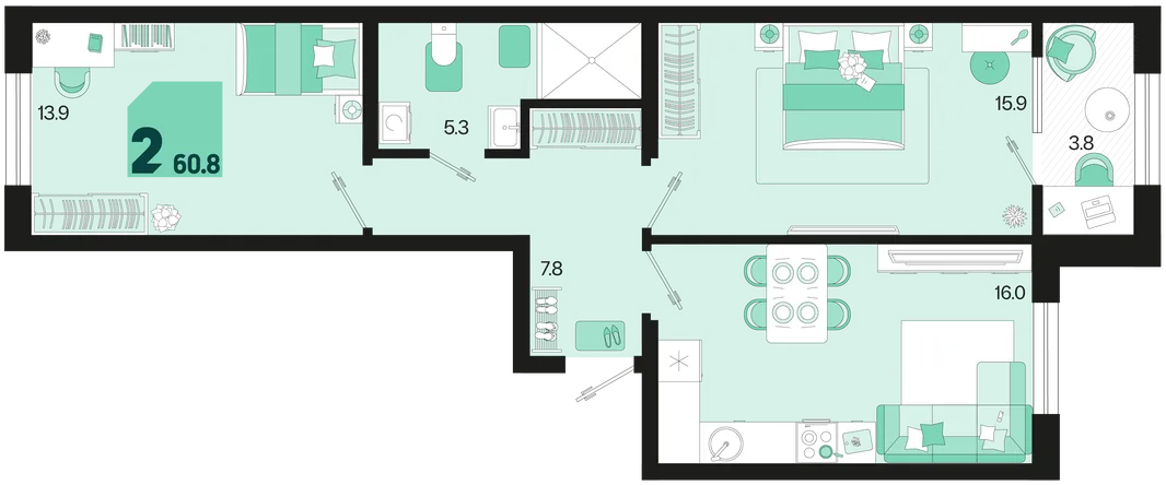 Планировка 2-комн. квартира, 62.7 м² ЖК «Первое место»