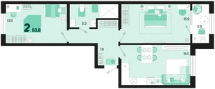 Планировка 2-комн. квартира, 62.7 м² ЖК «Первое место»
