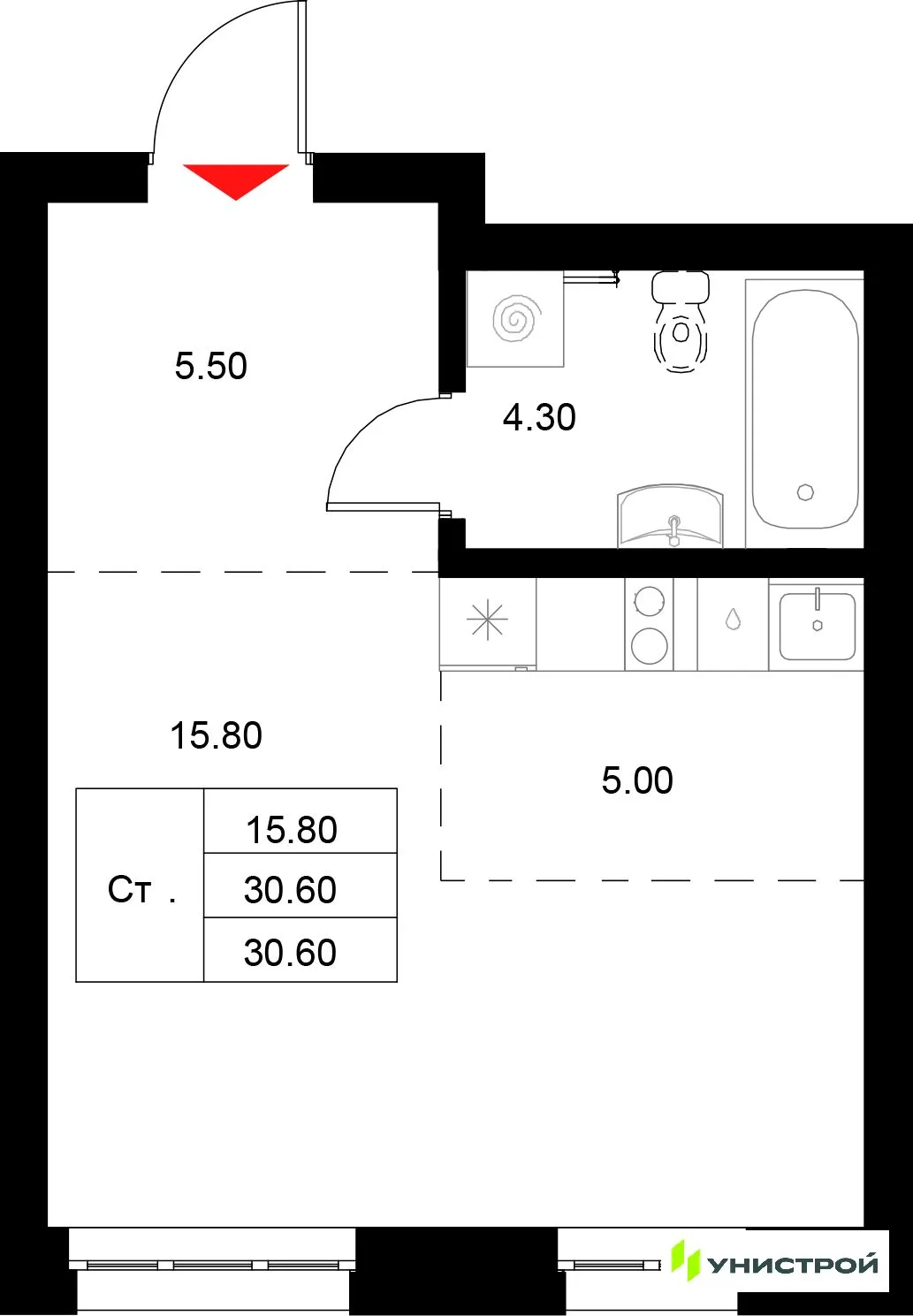 Планировка 1-комн. квартира, 30.6 м² ЖК «Уникод на Технической»