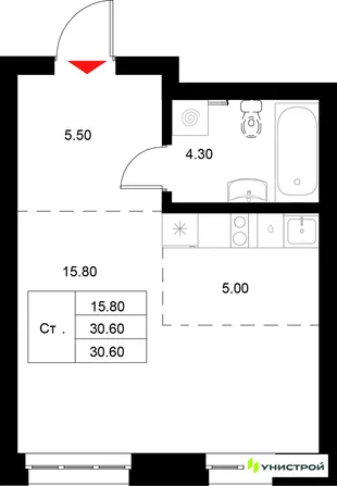 Планировка 1-комн. квартира, 30.6 м² ЖК «Уникод на Технической»